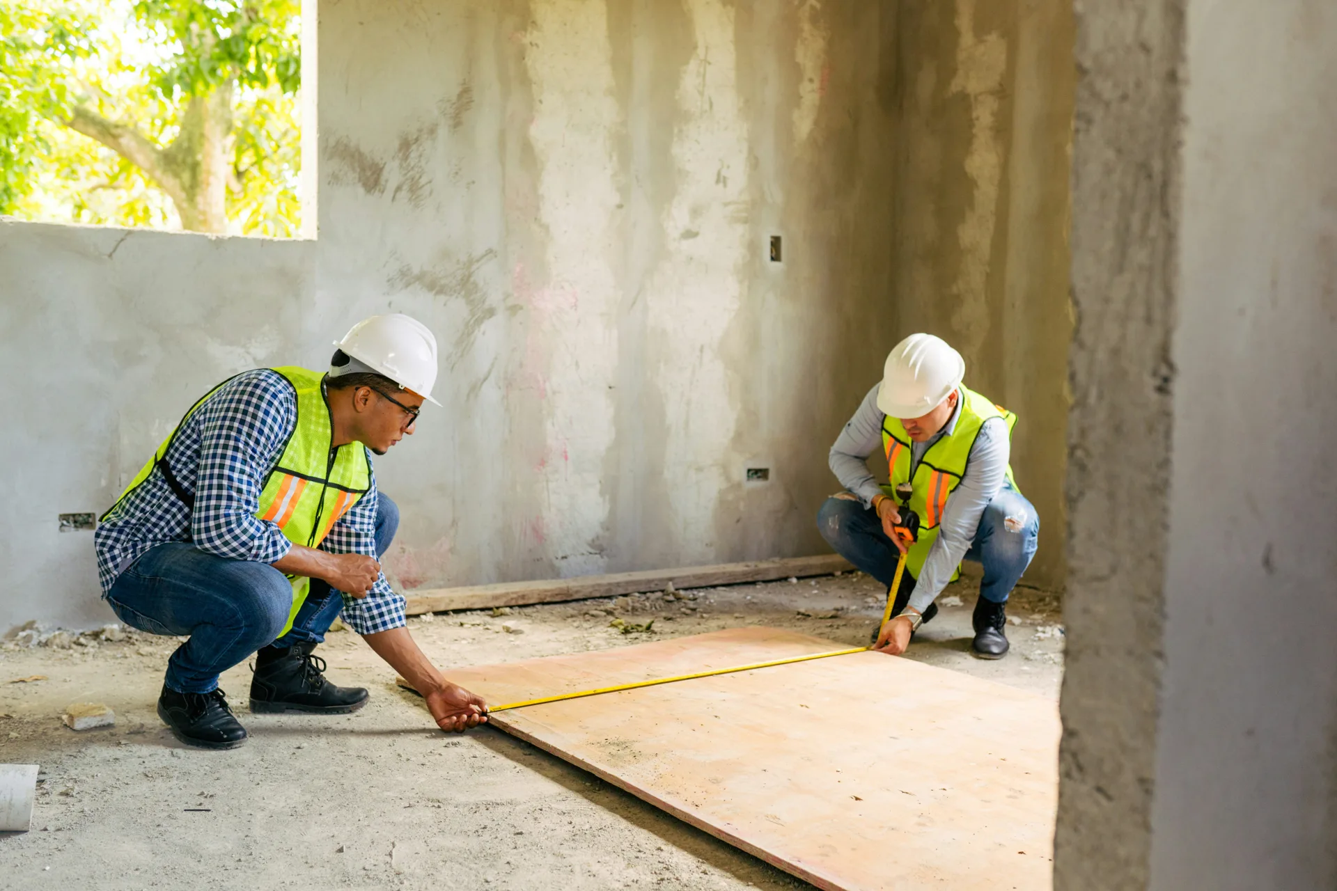 crew measuring a basement subfloor before a concrete pour in Boston