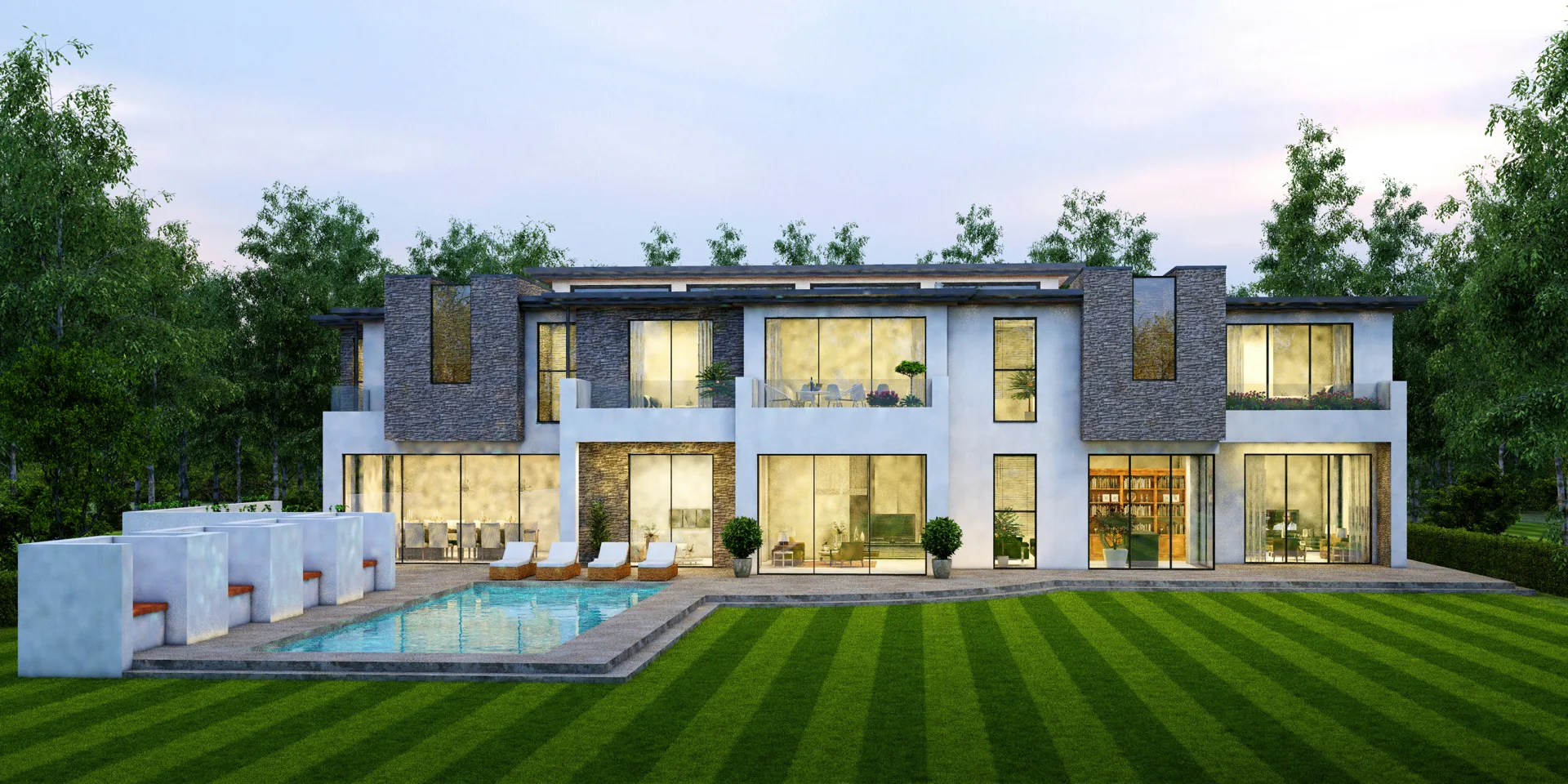 concrete pool deck at dusk at a luxury Boston home