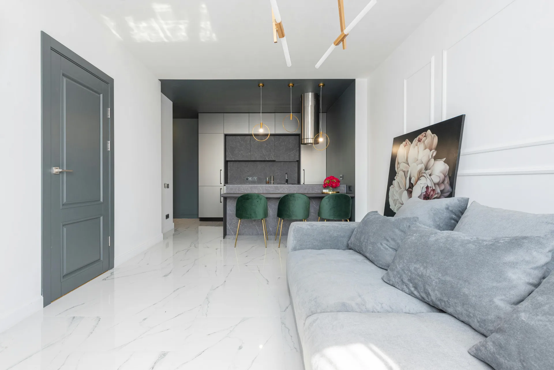 high-gloss polished concrete floor in a Boston luxury living room