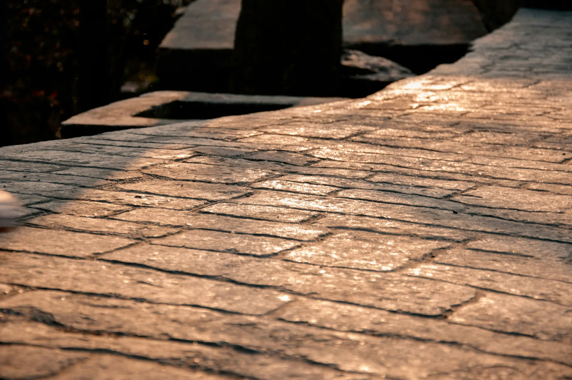 stamped concrete walkway finished at golden hour in Boston